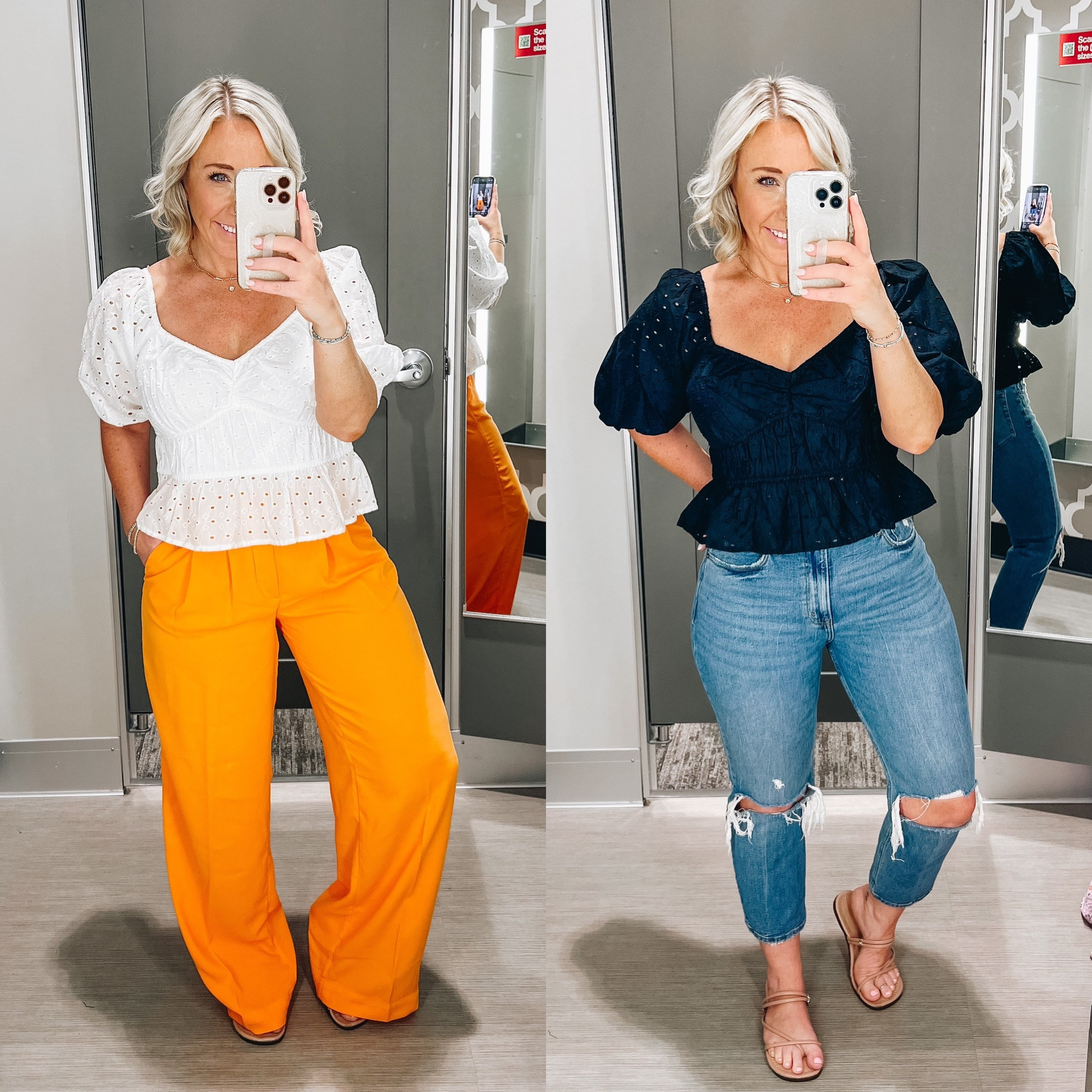 Eyelet top two ways:
White - size large (two big at waist).
Black - size medium. 
Orange wide leg dress pants  - size 4, but needed a size 6.
Jeans  (NOT Target) - size 27 short. 

#LTKunder50 #LTKSeasonal #LTKstyletip
