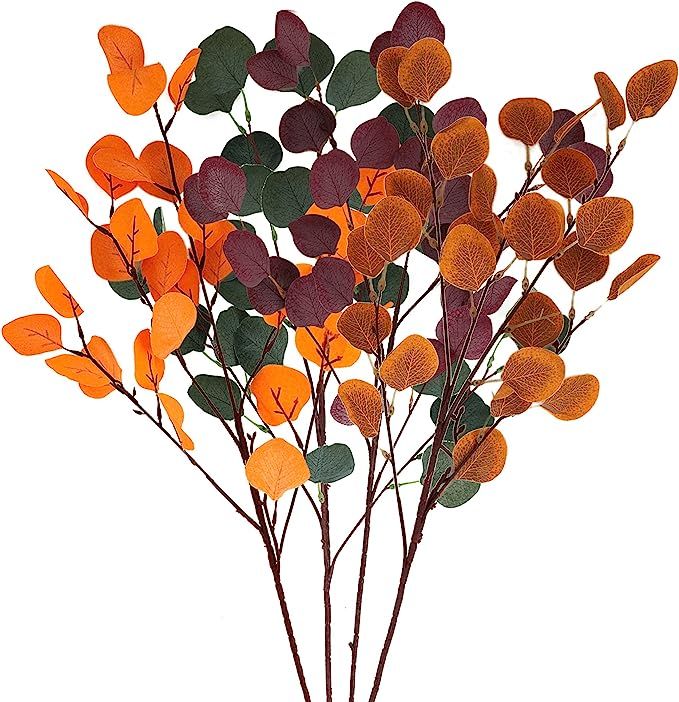 4 Pcs Artificial Eucalyptus Leaves Stems 33.8‘’ Fall Eucalyptus Branches Orange Red Green Mix... | Amazon (US)