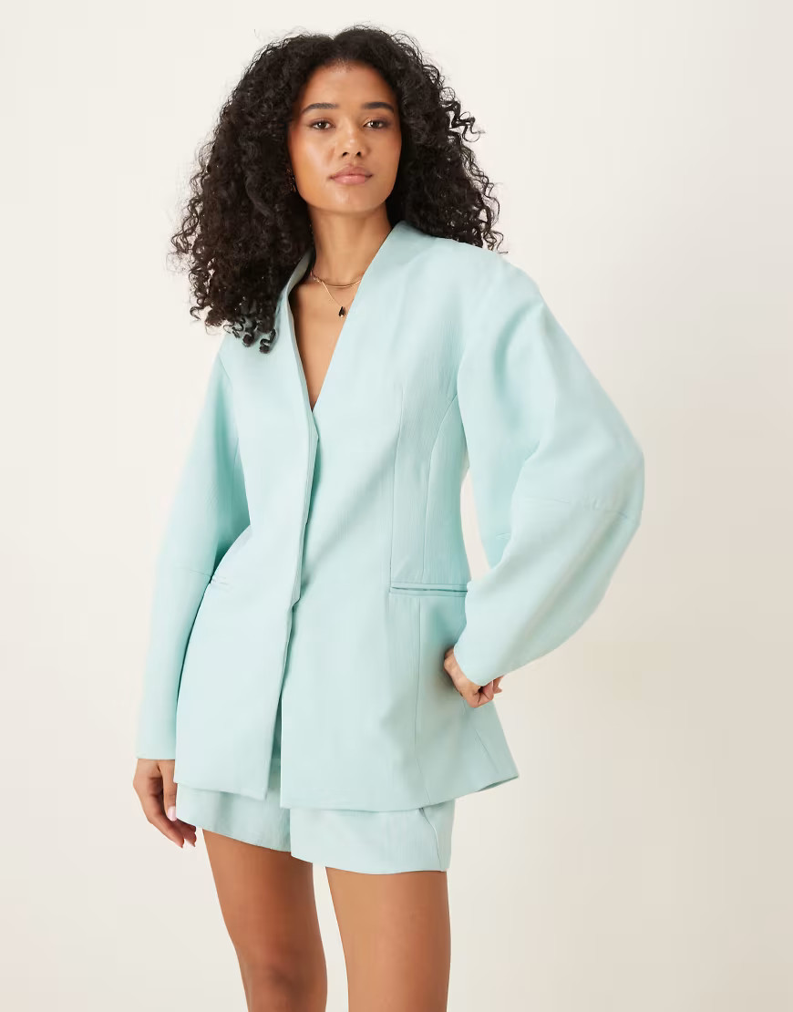 ASOS DESIGN – Kragenloser Blazer in Blau mit Cocoon-Ärmeln, Kombiteil | ASOS (Global)
