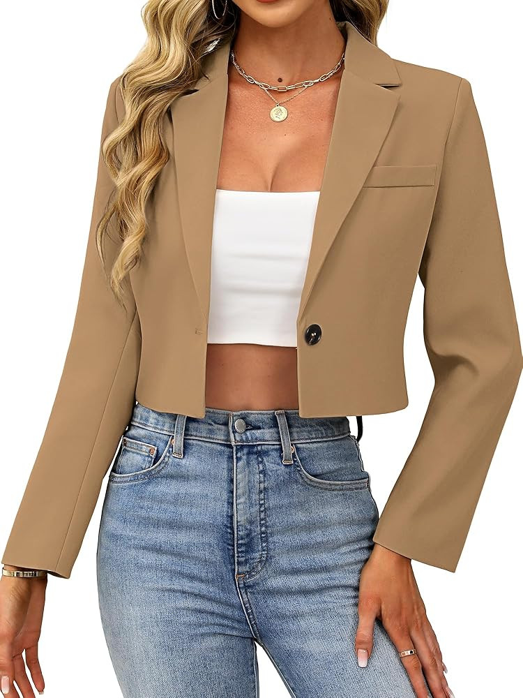 ELLEVEN Women’s Cropped Blazer Business Casual Open Front Long Sleeve One Button Jacket | Amazon (US)