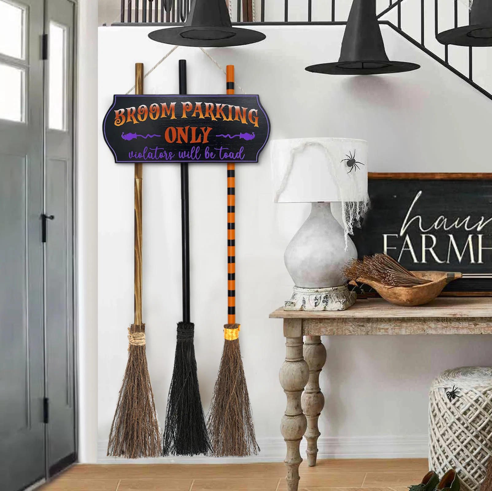 Halloween Decor - Broom Parking Sign with 3 Wooden Witches Brooms | Wayfair North America