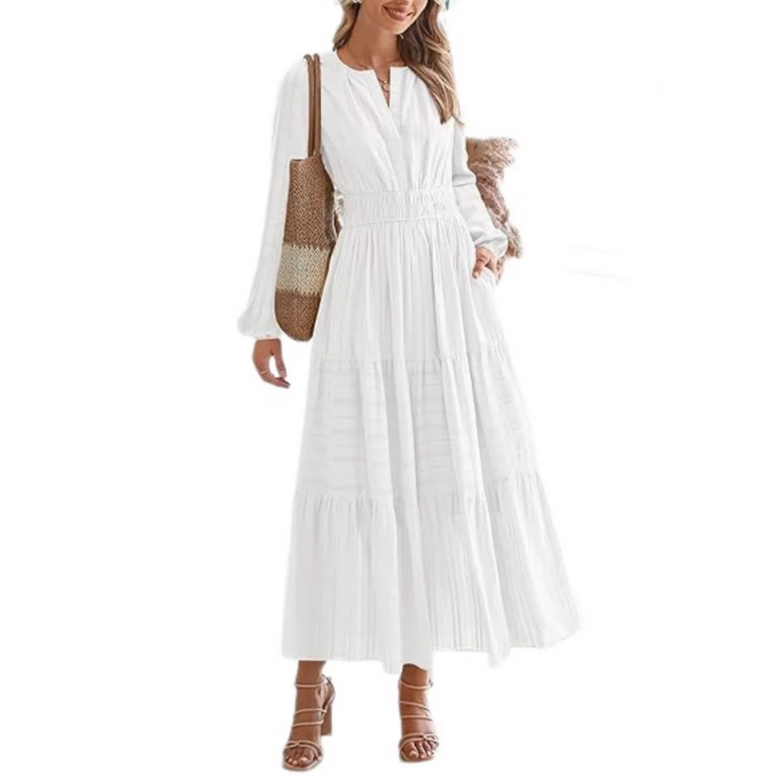 Fall Dresses for Women Casual Long Sleeve V Neck Elastic Waist Lightweight Maxi Wedding Guest Dre... | Kohl's