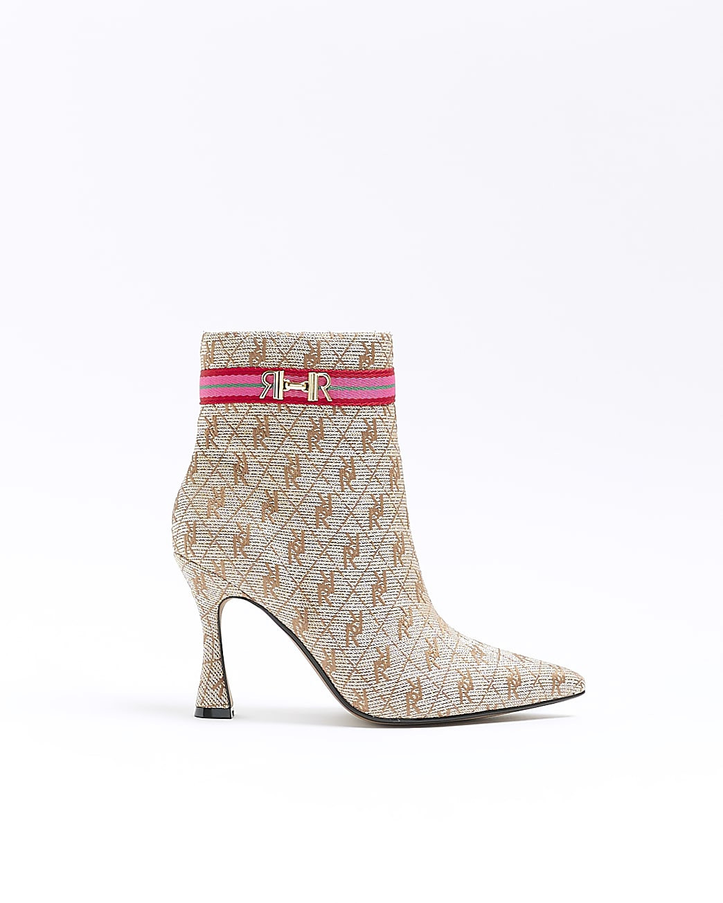 Beige wide fit RI monogram heeled boots | River Island (UK & IE)