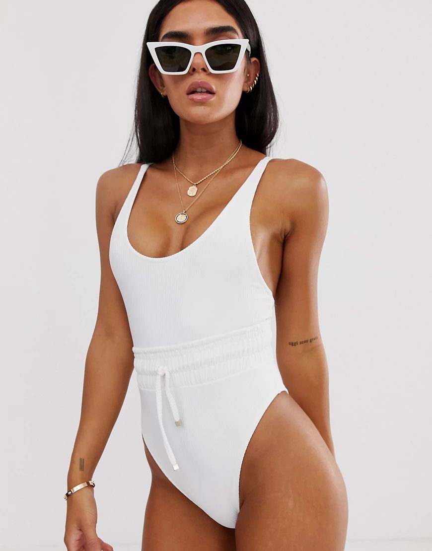River Island shirred swimsuit with belt in white-Cream | ASOS (Global)