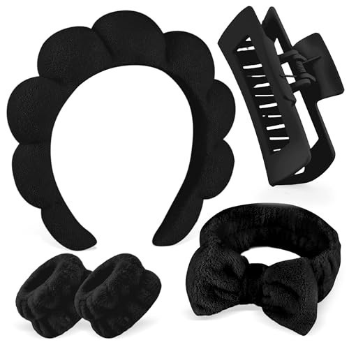 Zkptops 5Pcs Spa Headband for Washing Face Wristband Set Sponge Makeup Skincare Terry Cloth Bubble Soft Hairband Claw Clips for Thick Hair Puffy Padded Headwear Non Slip Hairs Accessory (Black) | Amazon (US)