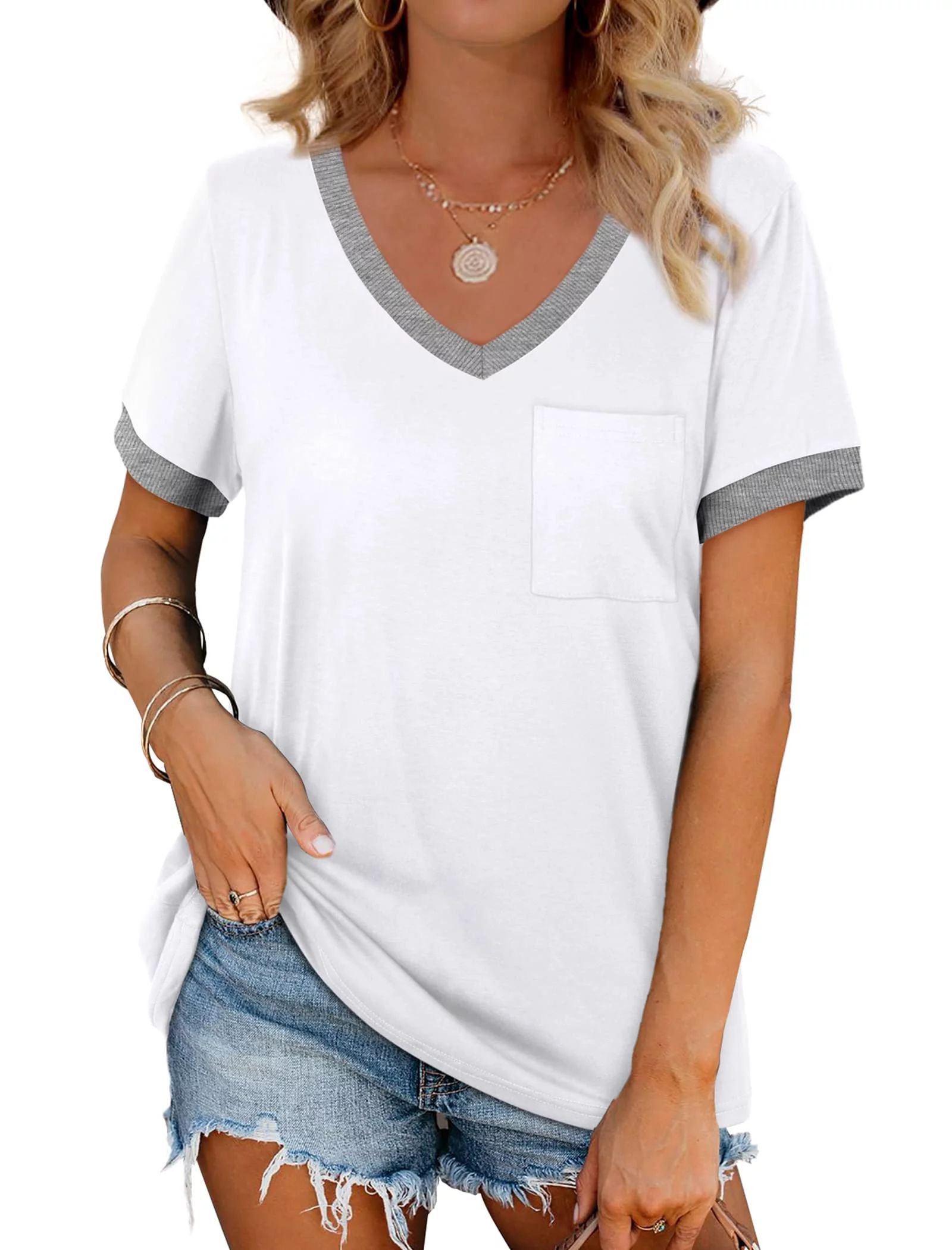 MOSHU V-Neck Women T Shirts Short Sleeve Loose Summer Tops for Women with Pocket | Walmart (US)