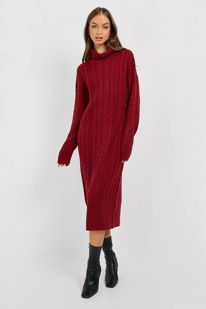 Cable Knit Roll Neck Midi Dress | Boohoo.com (UK & IE)