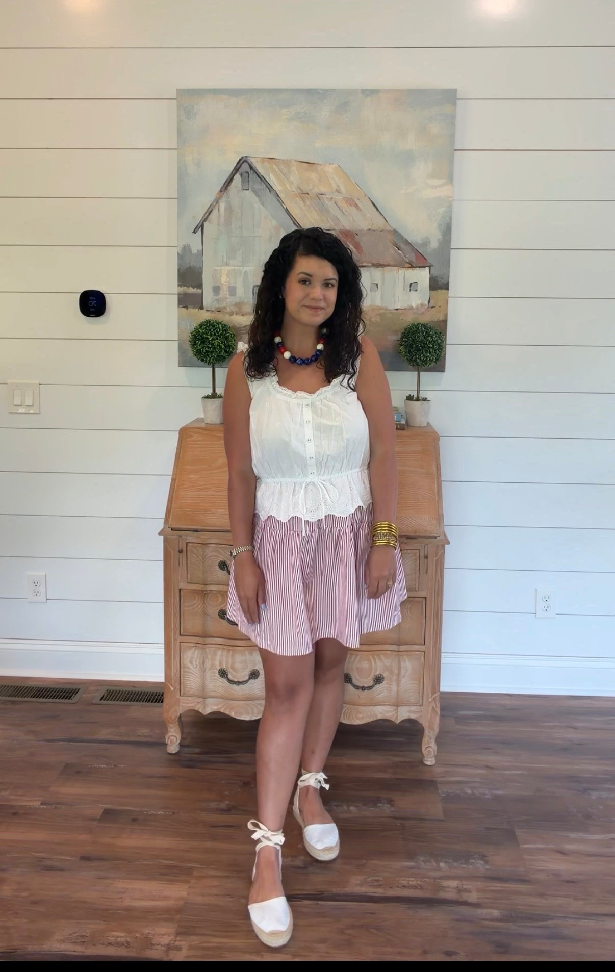 Love this cute outfit - great to throw on and go!! Cute and comfy! Would be cute for 4th or just any summer day ☀️🇺🇸

Love this top - it’s super cute and goes with so much! It’s 100% cotton which I love!!!  It’s a natural fiber🌿 and it’s perfect for summer because it’s lightweight and breathable✨ 

This red and white stripe skirt is so cute and I am loving it❣️ also comes with a matching top which I have as well and I love wearing it together as a set or mix and matching the pieces like this! Love taking the top and pairing with different bottoms or wearing the skirt with another top  like I have here👏🏼 

This beaded necklace is so cute! I love this for summer - especially for the 4th of July 🇺🇸

#everydaystyle #momstyle #matchingset #summerstyle #affordablestyle #momstyle #momfit #momoutfit #everydayoutfit #set #matchingset #femininefashion #outfitinspo #summer #summerstyle #summerfashion #dress #dresses #dresslover #spring #springstyle #springfashion #springdress #ootd #summerdress #style #fashion #brunch #preppy #preppystyle #grandmillenial #grandmillenialstyle #ladies #ladiesfashion #ladiesstyle #classic #classicstyle #chic #timeless #timelessstyle #sale #salealert #majorsale #deal #dealoftheday #lookforless #desingerlookalike #affordable #affordablefashion #affordablestyle #budgetfriendly #budgetstyle #styleonabudget #amazon #amazonstyle #amazonfashion #target #targetstyle #oldnavy #quince #tuckernuck #tuckernucking #momlife #momfit #momoutfit #everydaystyle #affordabledresses #naturalfiber #lowtox #cotton #linen #crunchymom #healthymom #wellness #summeroutfit #patriotic #patrioticstyle #redwhiteandblue #memorialday #mdw #4thofjuly #fourthofjuly #usa #america @Target @Soludos @Zappos

#LTKmomlife #LTKootd #LTKSeasonal