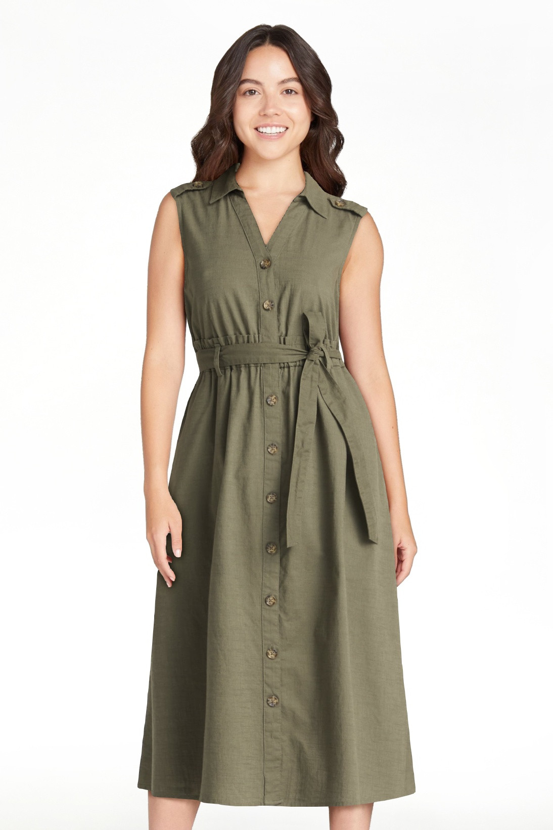 Time and Tru Women's Sleeveless Cotton Belted Midi Shirtdress, Sizes XS-XXXL | Walmart (US)