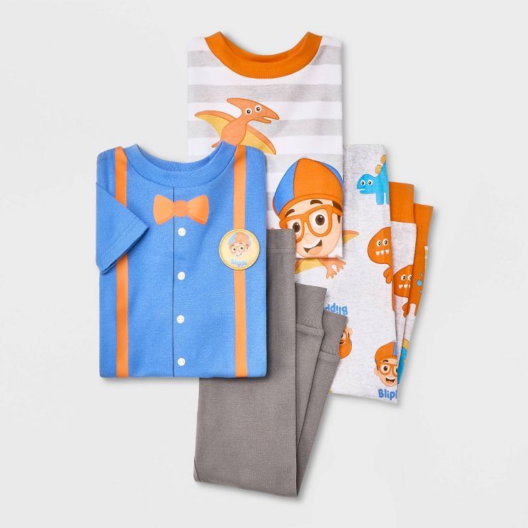 Toddler Boys' 4pc Blippi Uniform and Dino Striped Snug Fit Top and Pants Pajama Set - Blue | Target