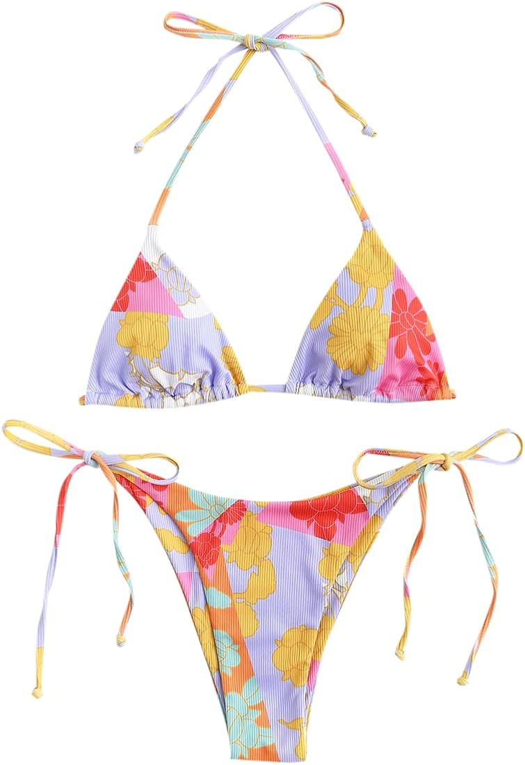 ZAFUL Triangle Bikini for Women 2 Piece Halter Bikini Sets Sexy High Cut Bathing Suit Side Tie Sw... | Amazon (US)