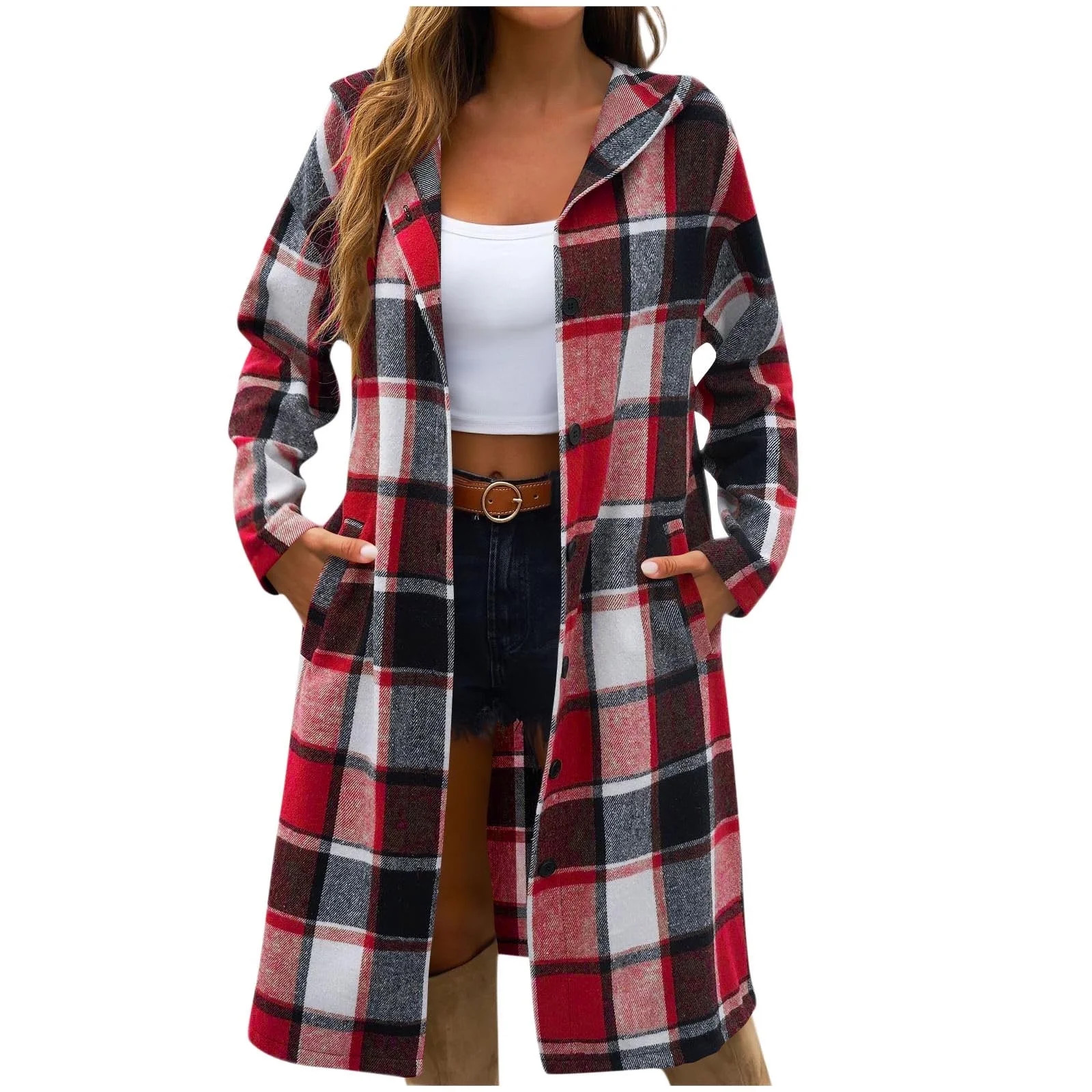 MELDVDIB Womens Plaid Trench Coat Checkered Hooded Shacket with Pockets Fashion Casual Oversized ... | Walmart (US)
