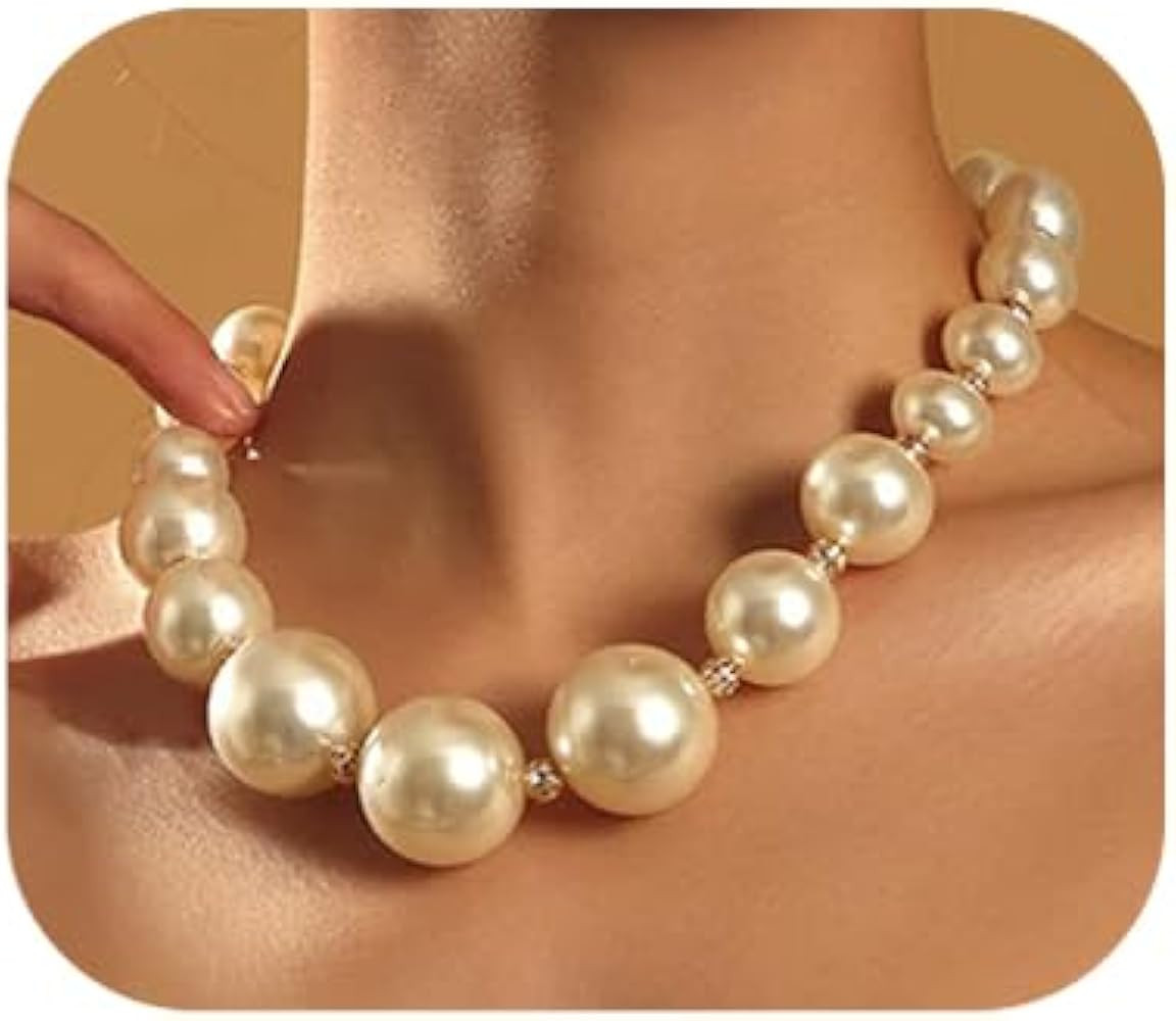 Chunky Pearl Necklace Big Round Imitation Pearl Necklace Large Pearl Statement Necklace Dainty Pe... | Amazon (US)