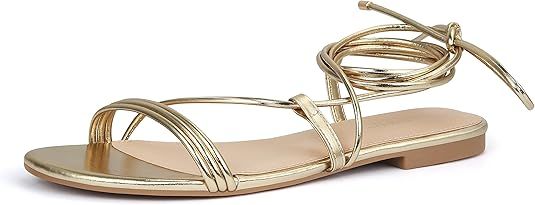 PARTY Women's Strappy Sandals Lace Up Flats Tie Up Open Toe Ankle Strap Shoes | Amazon (US)