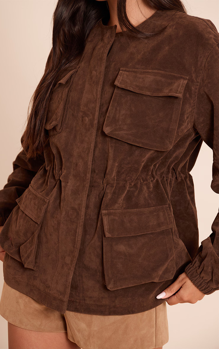 Chocolate Structured Faux Suede Pocket Detail Adjustable Waist Jacket | PrettyLittleThing UK