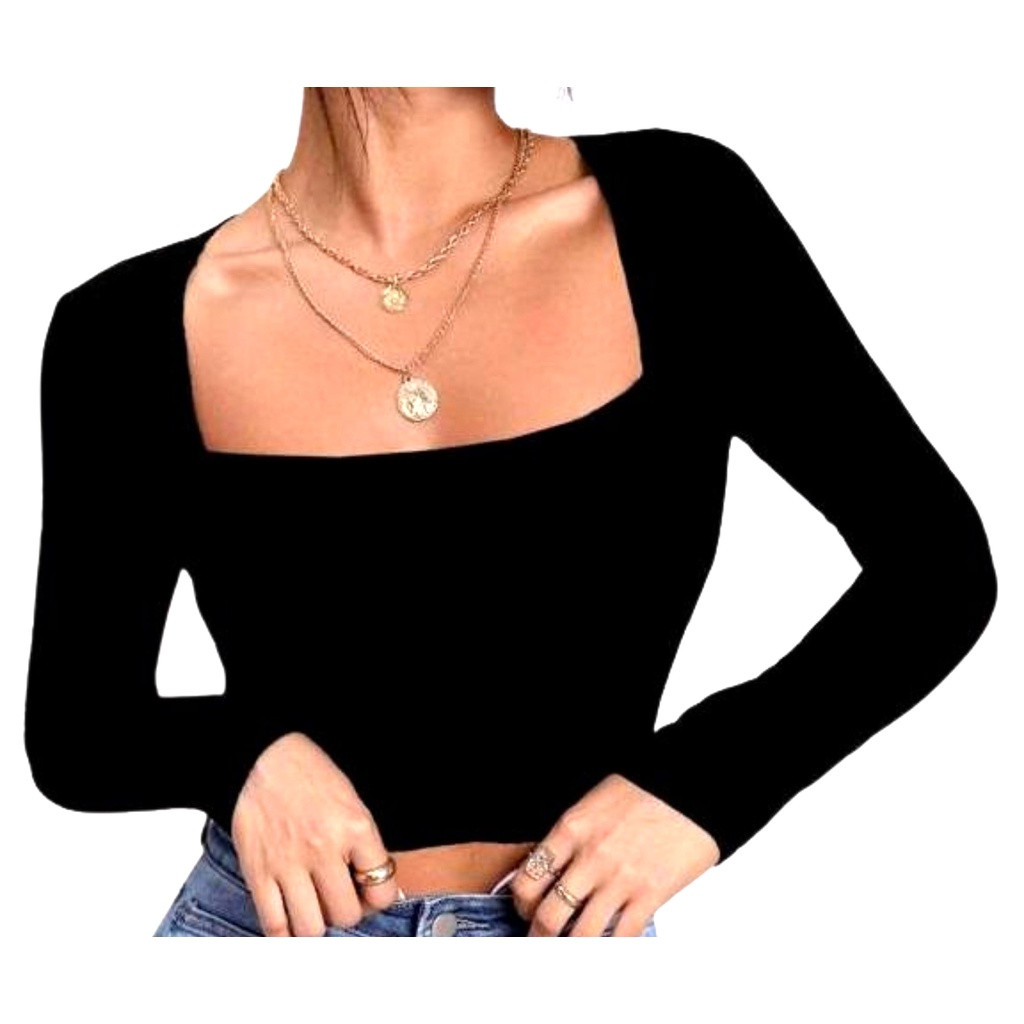 Cropped Feminino Manga Longa Decote Quadrado | Shopee (BR)