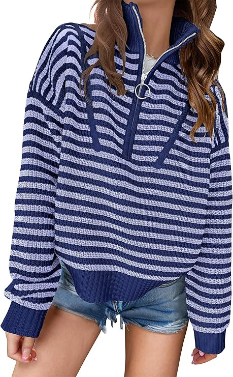 ANRABESS Sweaters for Women Striped Half Zip Long Sleeve Ribbed Knit Pullover Comfy Casual Lightw... | Amazon (US)