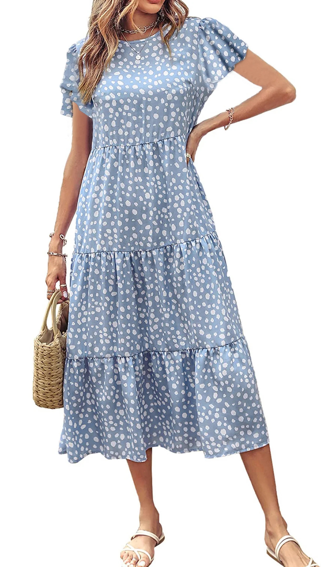 Fantaslook Dresses for Women Summer Casual Boho Dress Floral Print Ruffle Sleeve Midi Beach Dress... | Walmart (US)