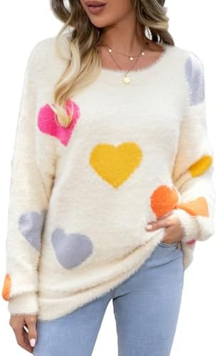 Wyeysyt Valentine Heart Sweater for Women Knit Pullover Sweaters Long Sleeve Crew Neck Casual Kaw... | Amazon (US)