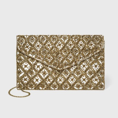 Estee & Lilly Snap Closure Beaded Envelope Clutch - Ivory/Gold | Target