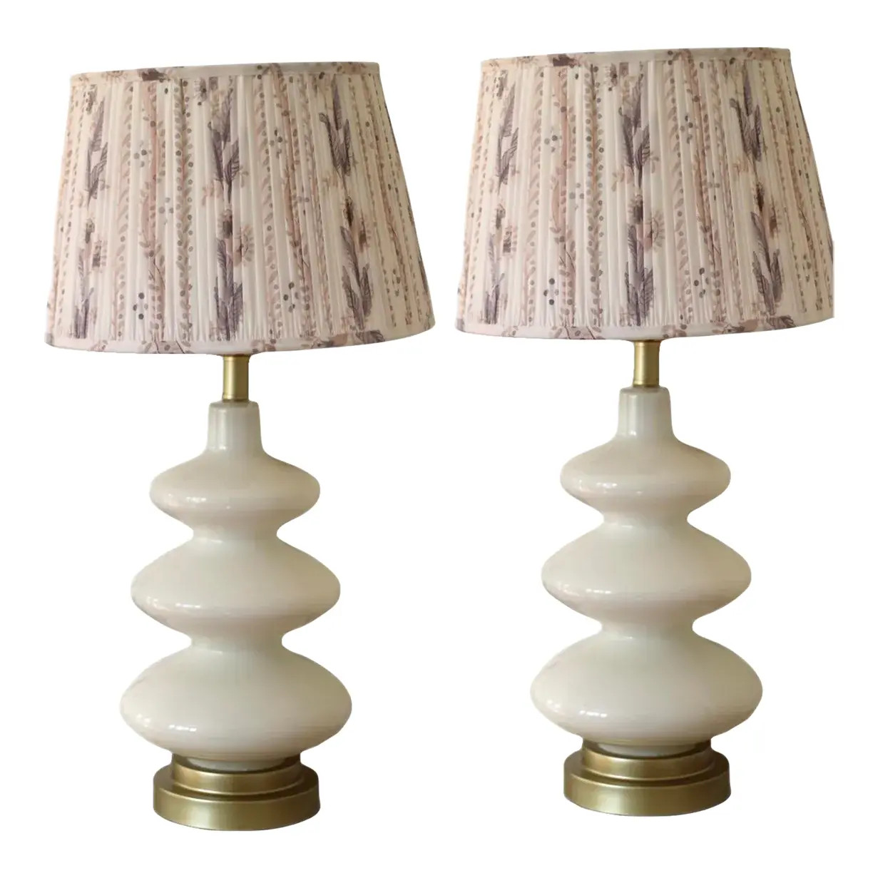 Pair of Modern White Glass Lamps With Custom Pleated Cotton Lampshades | Chairish