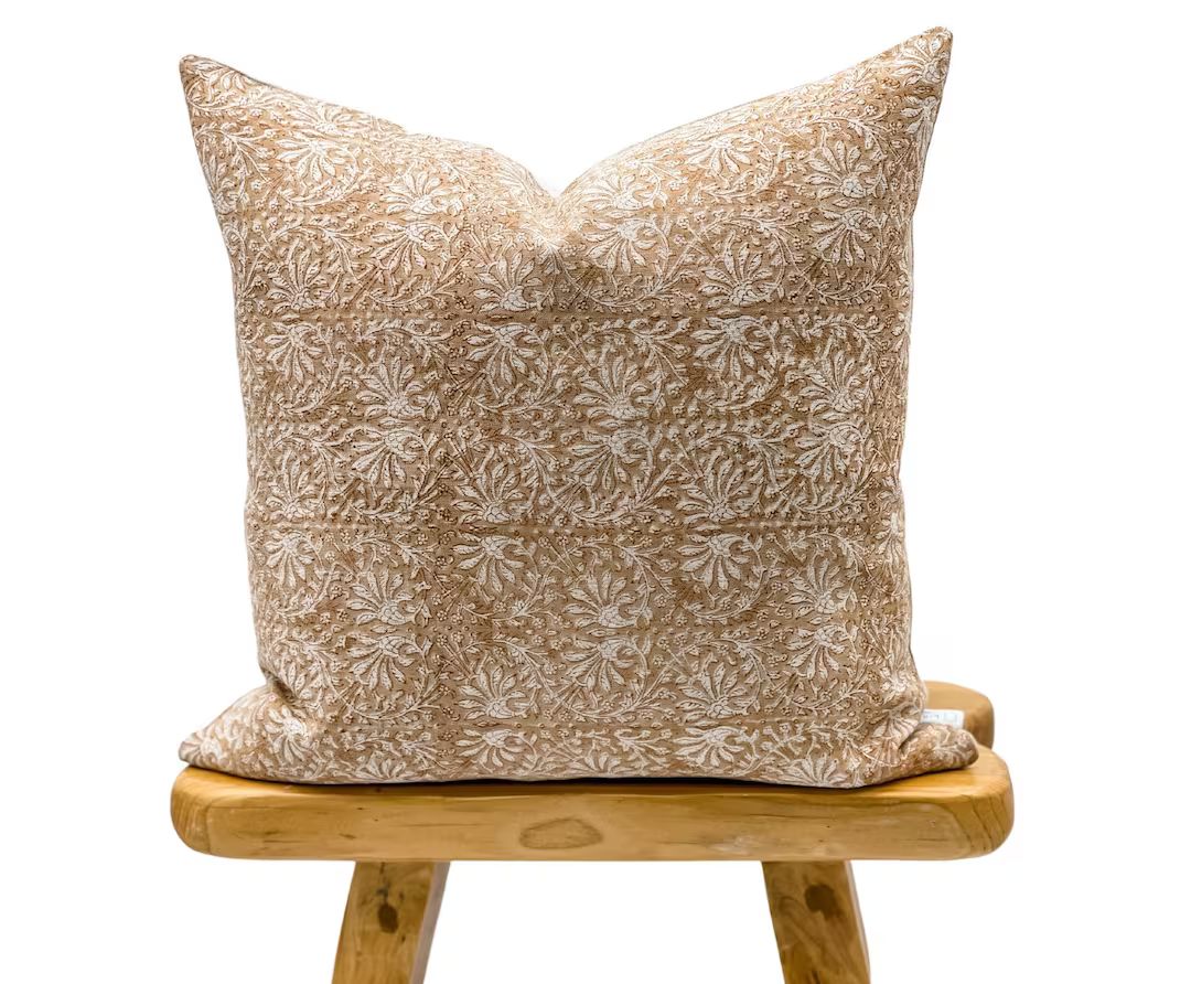 Designer Floral Tan Rust on Natural Linen Pillow Cover, Beige Brown Pillow Cover, Boho Pillow, De... | Etsy (US)