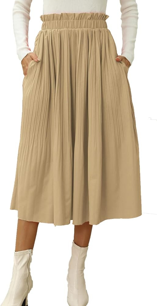 Naggoo Women's Skirts High Elastic Waisted Casual Skirt Pleated Floral/Solid Midi Skirts with Poc... | Amazon (US)