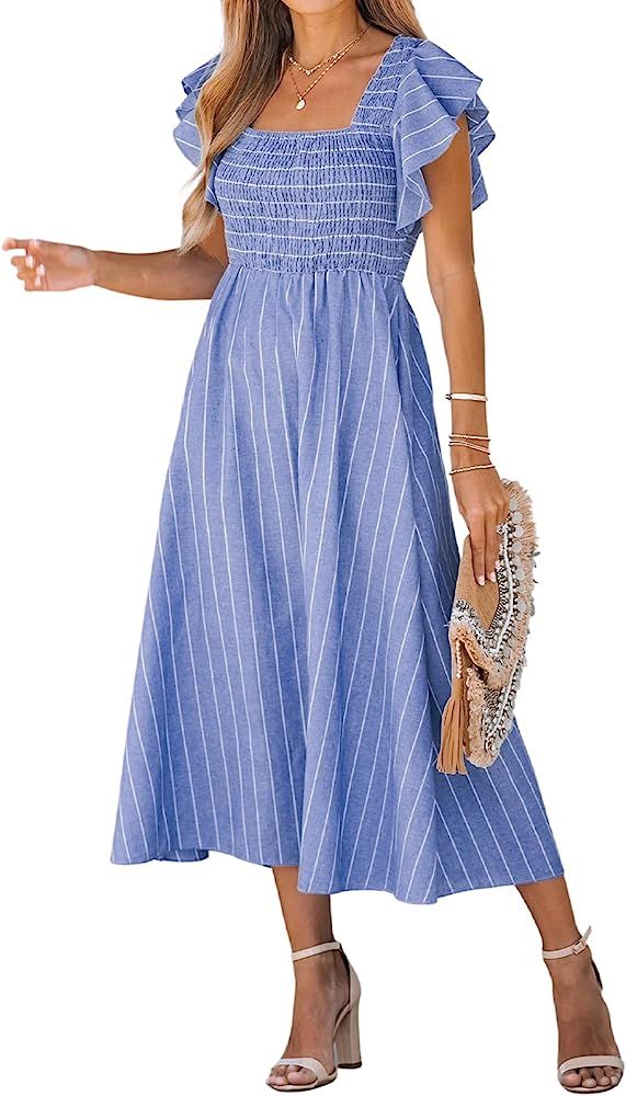 CUPSHE Women's Square Neck Striped Smocked Dress Ruffled Cap Sleeves Dress A Line Maxi Formal Dre... | Amazon (US)