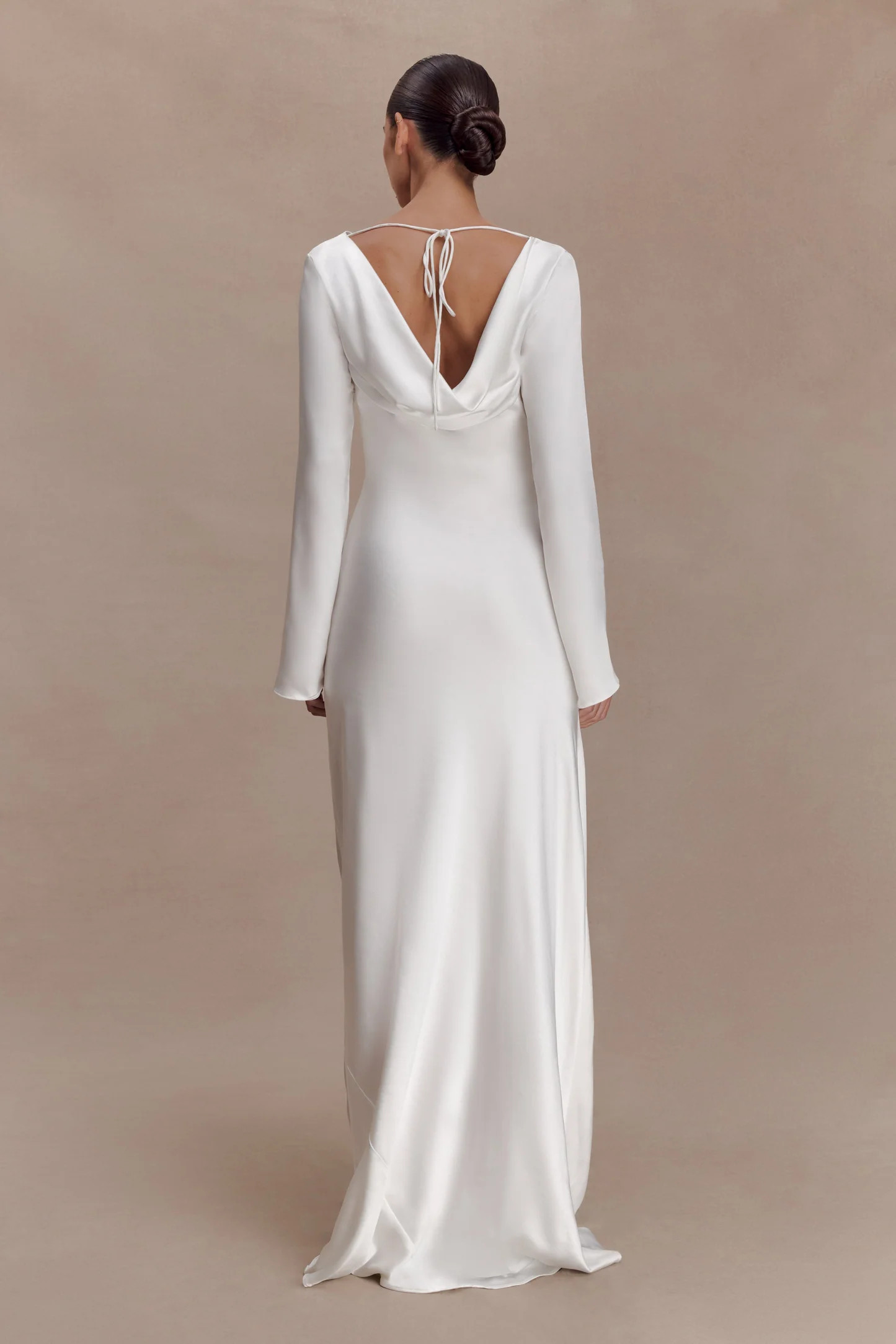 Long Sleeve Cowl Lace And Satin Maxi Dress - Ivory | MESHKI US