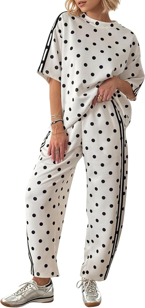MSBESYOR Women 2 Piece Lounge Sets Airport Travel Polka Dot Set Short Sleeve Tshirts Side Striped... | Amazon (US)