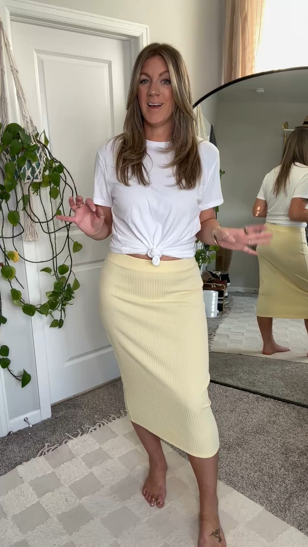 Medium reg skirt, also come in tall.
Large tee

#LTKMidsize #LTKOver40 #LTKSaleAlert