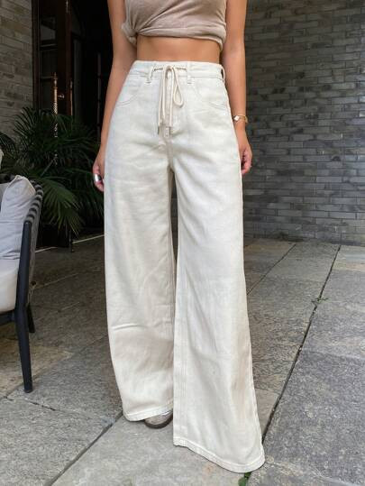 Livesso Women's Casual Solid Color Drawstring Waist Loose Wide Leg Jeans | SHEIN