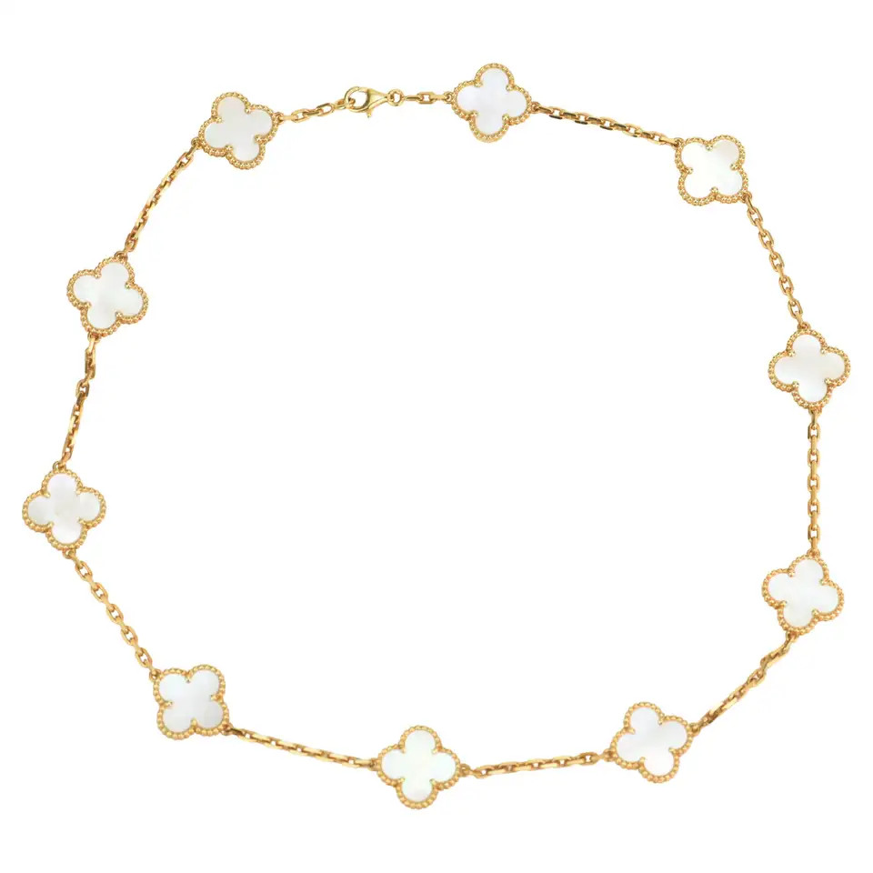 Van Cleef &Arpels Vintage Alhambra Mother of Pearl 10 Motif Yellow Gold Necklace | 1stDibs