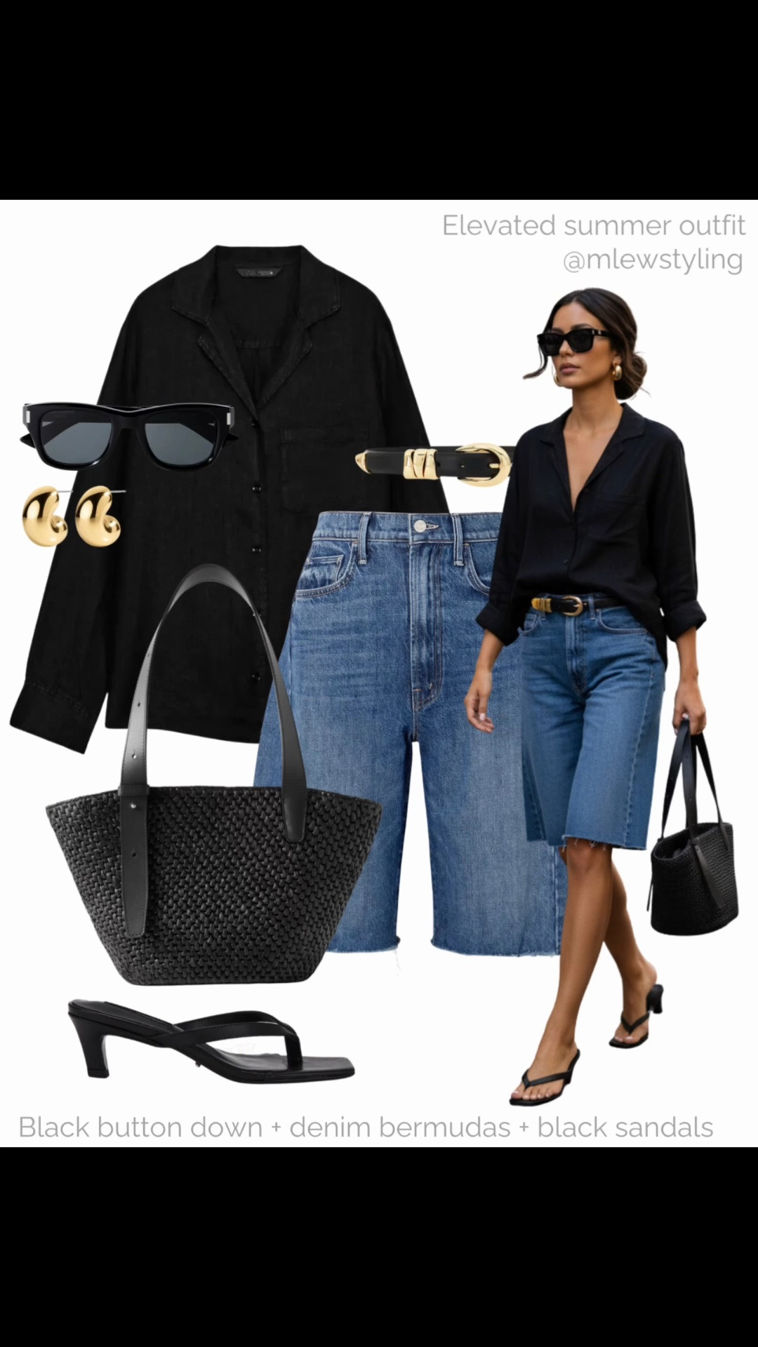 Black linen button down + denim Bermuda shorts + kitten heel sandals = an outfit formula that never fails ✨

Tags: elevated summer outfit, new-in Zara, mother denim jean shorts,  mask raffia tote bag, black leather belt, Tom ford sunglasses, gold hoop earrings, capsule wardrobe

#LTKsummer #LTKbag #LTKshoes