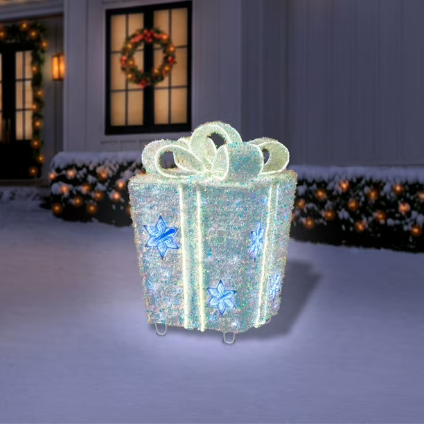 Member's Mark 32" Pre-Lit Iridescent Twinkle Tinsel Gift Box Decor | Sam's Club