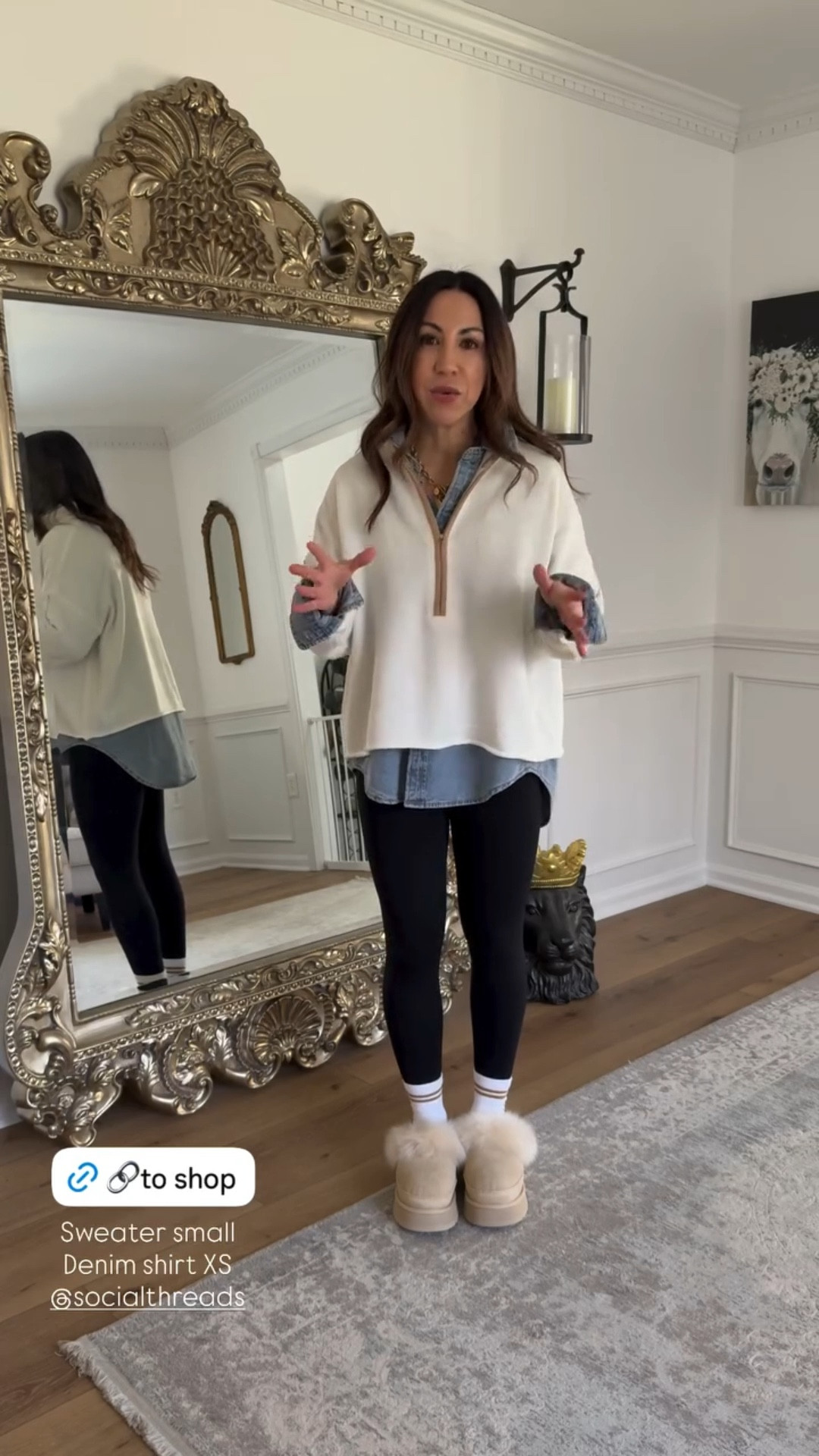 Small sweater. Denim shirt, XS. UGGs size up.

#LTKOver40 #LTKFindsUnder100