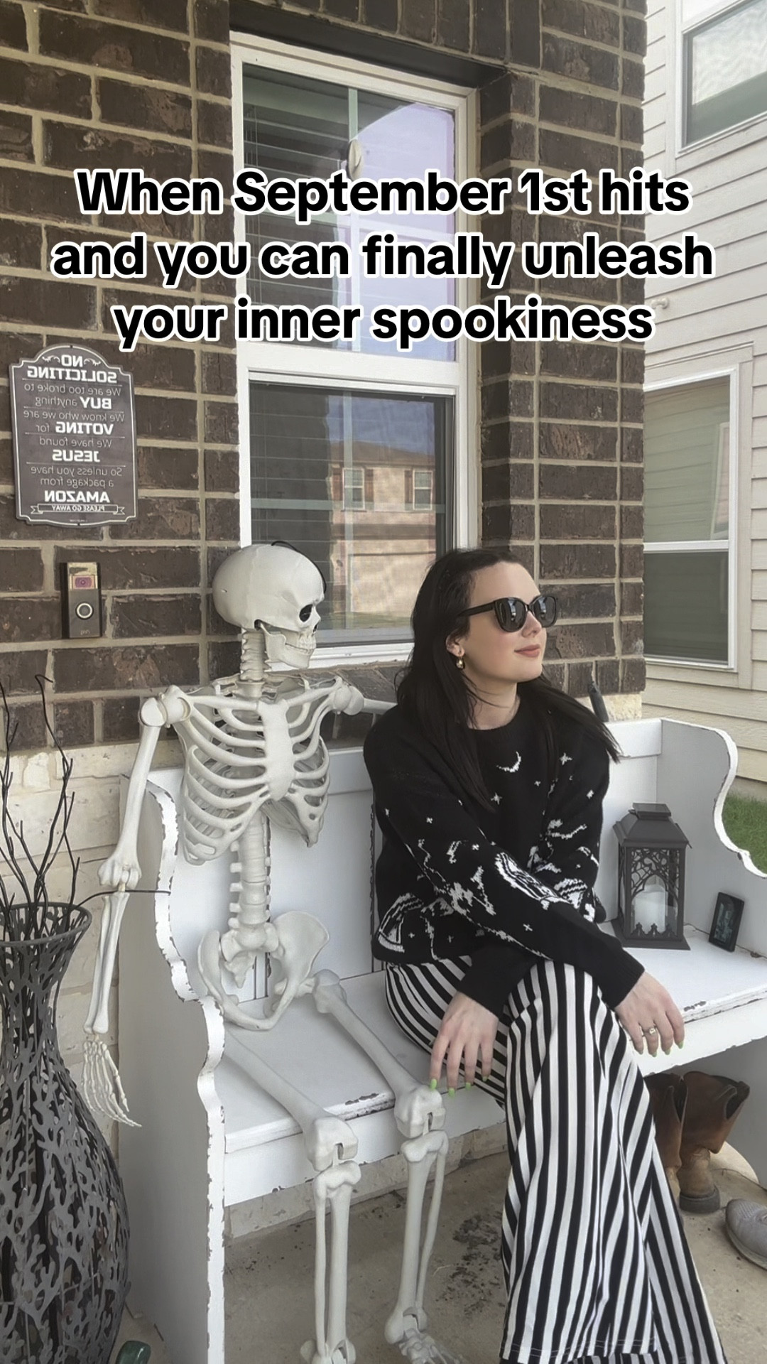 Striped pants, skeleton sweater linked. Runs true to size  

#LTKSeasonal #LTKFindsUnder50 #LTKFindsUnder100