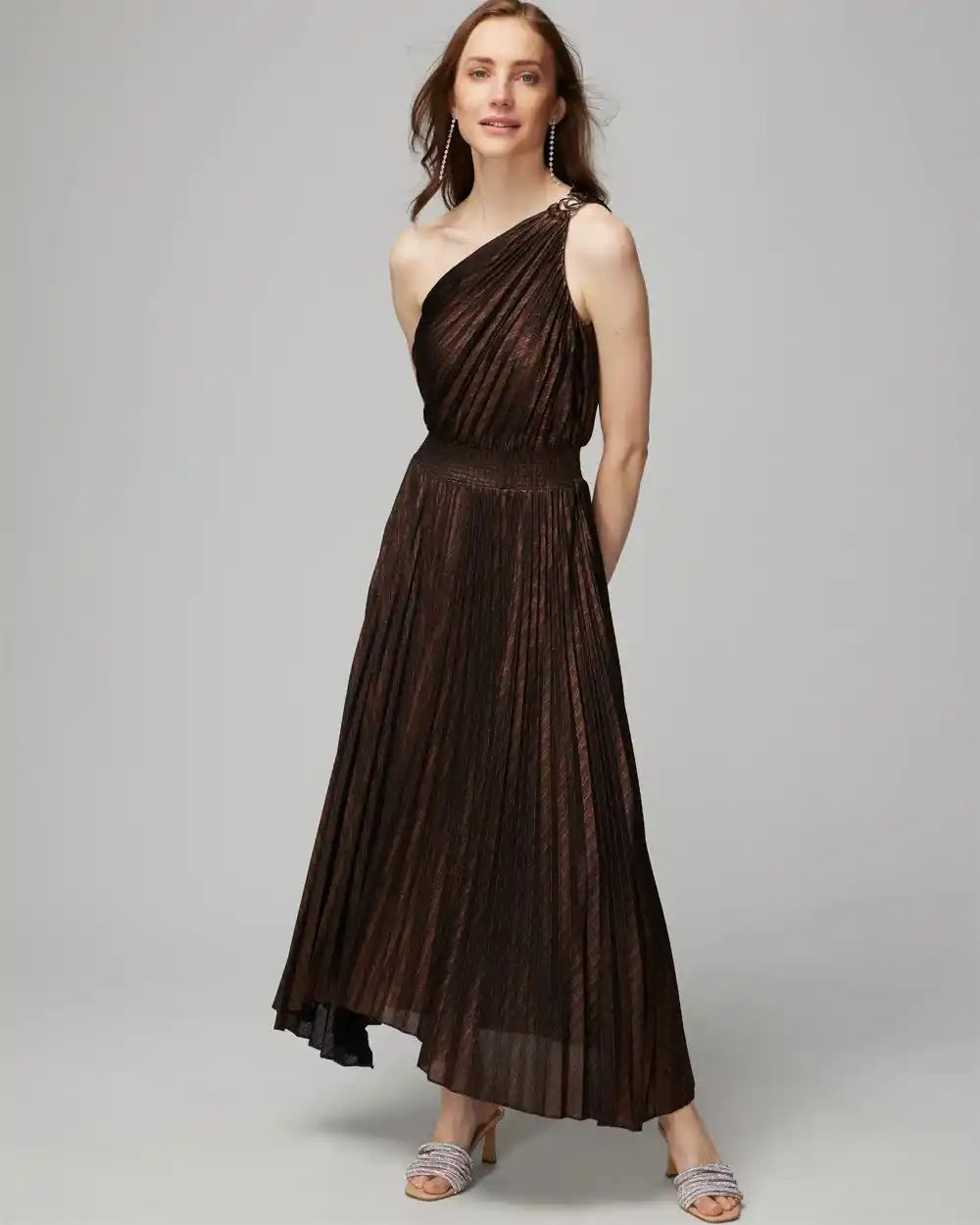One-Shoulder Bronze Pleated Maxi Dress - Dresses + Skirts | White House Black Market | White House Black Market