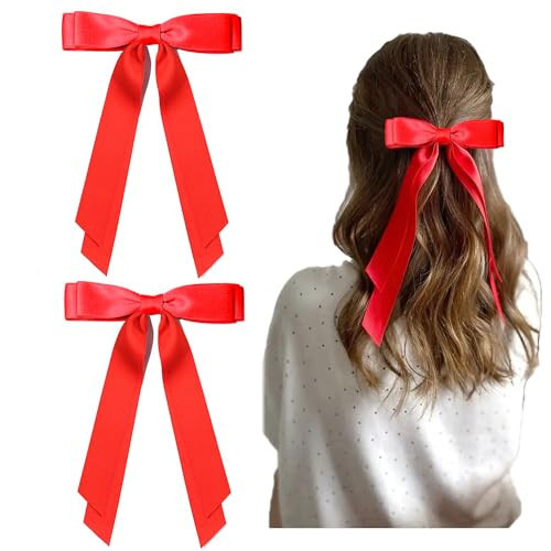 Ayesha Red Hair Bows Clips Red Satin Ribbon Bows with Long Tail Christmas Hair Bows Barrettes Hair Accessories for Women Girls 2pcs red bows | Amazon (US)
