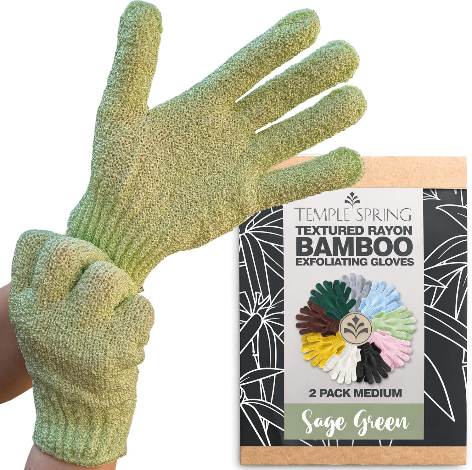Temple Spring Shower Gloves Exfoliating for Women – Natural Textured Rayon Bamboo Exfoliating Glove with Thicker Weave for Deep Cleansing, Dead Skin Removal & Smooth Radiant Skin (1 Pair, Sage Green) | Amazon (US)