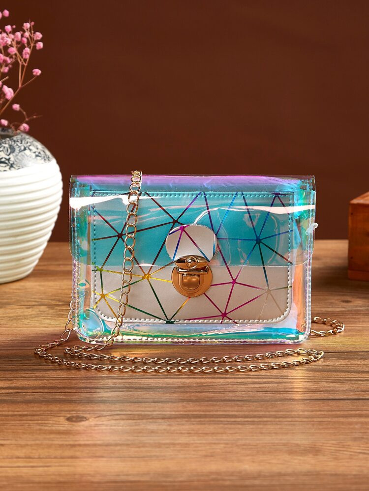 Mini Holographic Geometric Graphic Push Lock Chain Bag | SHEIN