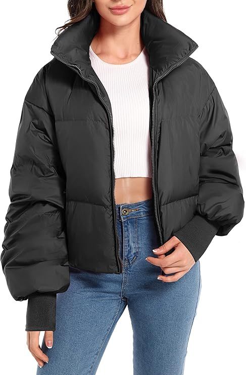 Amazon.com: Orolay Womens Winter Oversized Short Down Jacket Crop Zip Puffer Coat Black S : Cloth... | Amazon (US)