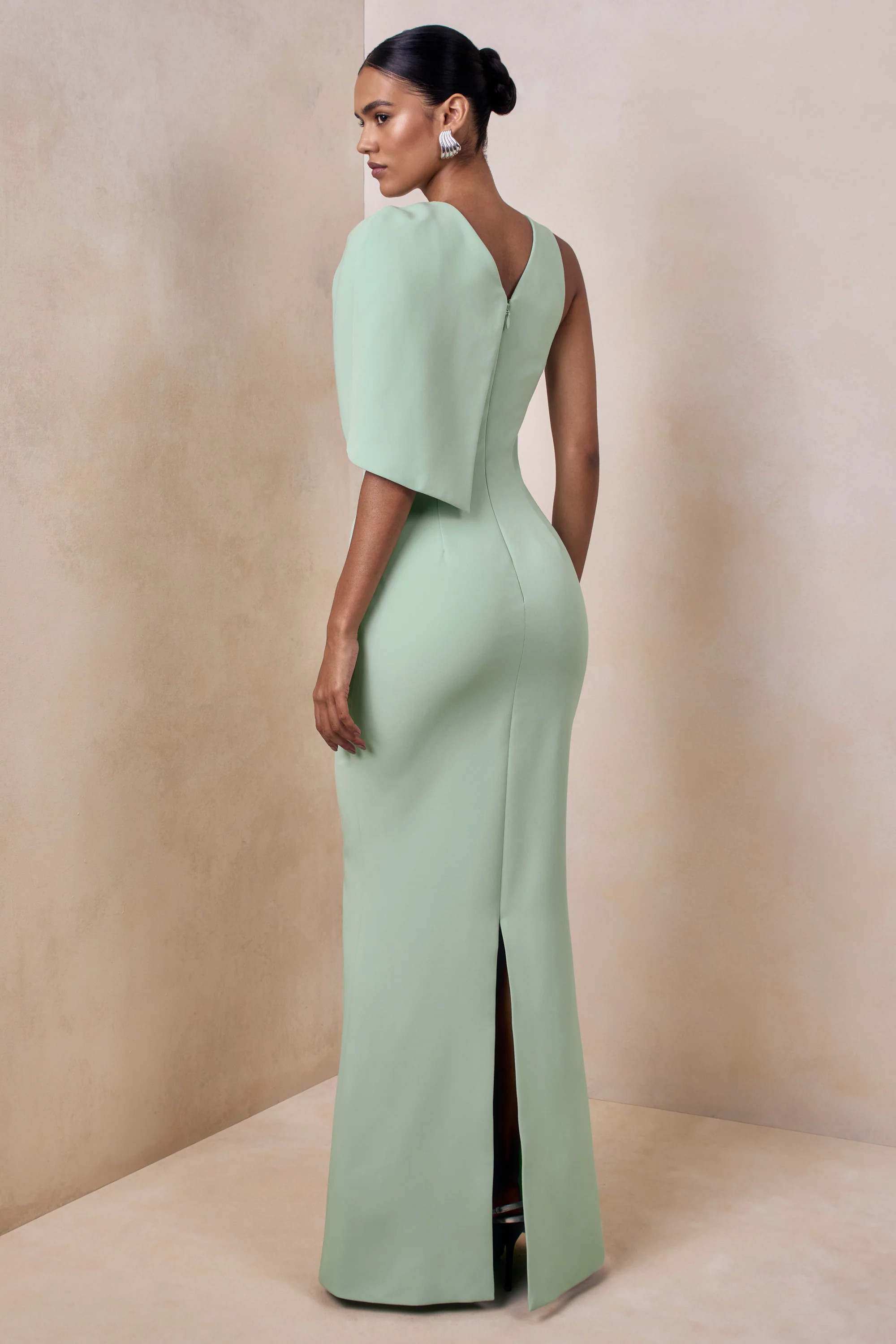 Quira | Mint Asymmetric-Neck Maxi Dress With Cape-Sleeve | Club L London