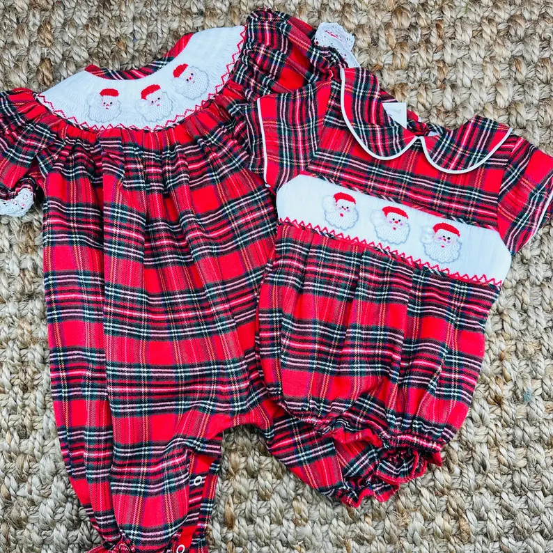 Santa Smocked Christmas Boy's Bubble in Plaid Christmas, Heirloom, Tartan Plaid Baby Boy, Vintage... | Etsy (US)