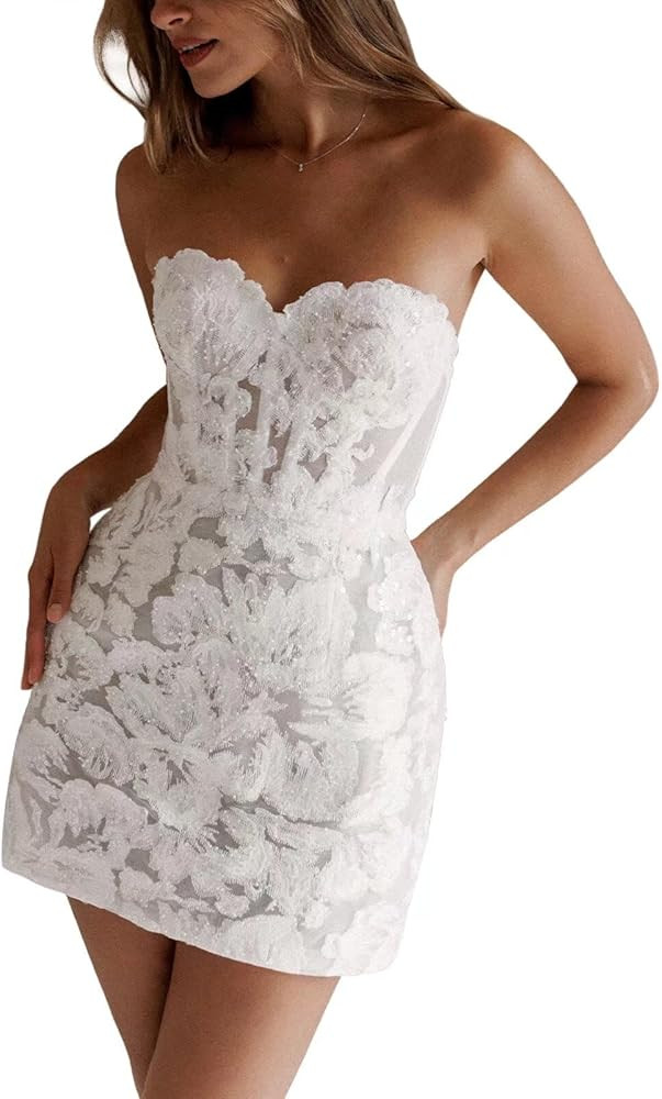 Basgute Short Wedding Dresses for Bride Beach Lace Applique Tulle Strapless Boho Corset Mini Brid... | Amazon (US)