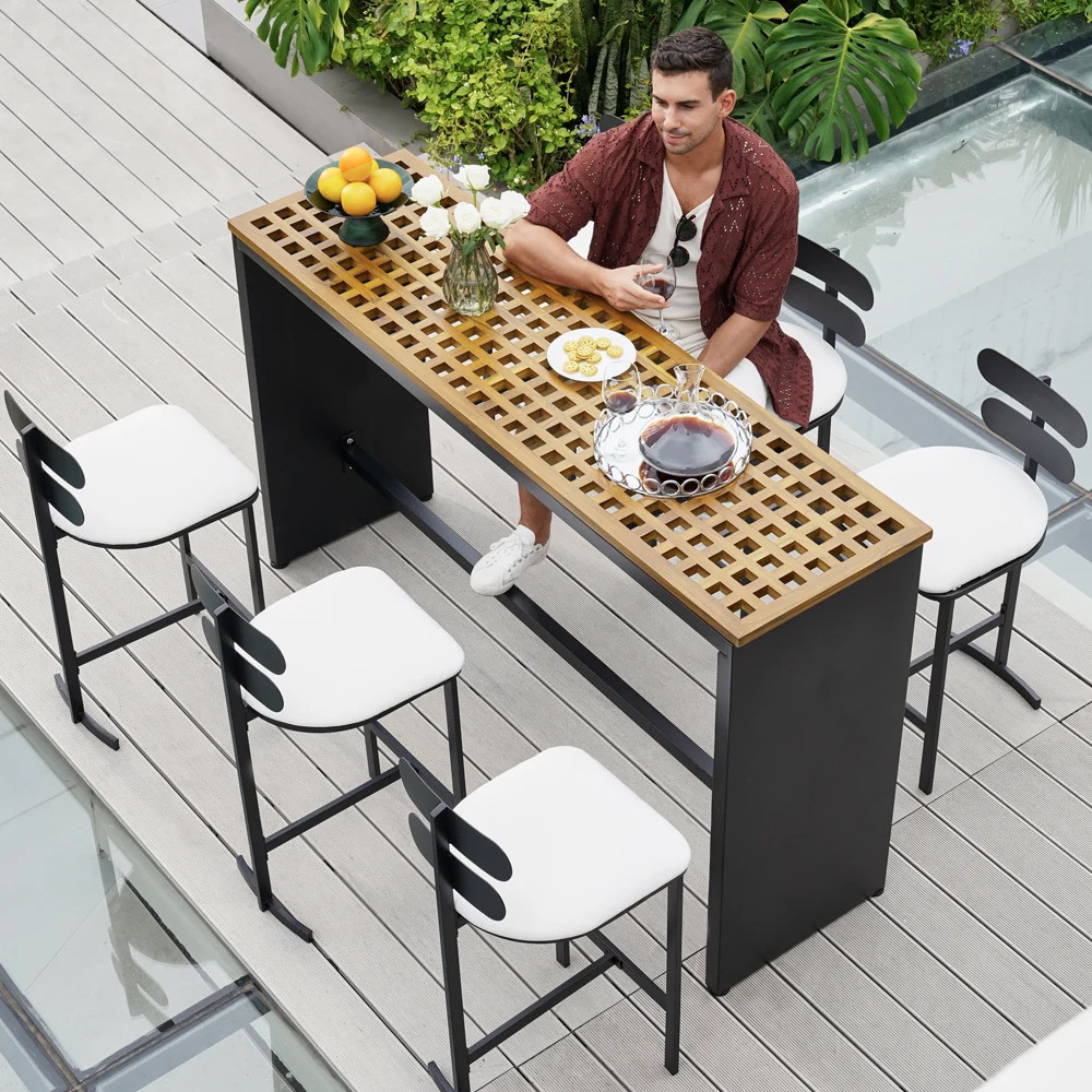 7-Pieces 70.9'' Teak Rectangle Hollow Bar Dining Table Set for Outdoor & Patio | Homary