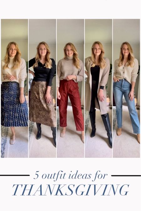 Five thanksgiving outfit ideas 

Turtleneck sweater with pleated navy blue skirt
Black ruffle Henley tee with leopard print skirt
Turtleneck beige sweater (super soft) with corduroy pants
Long open sweater jacket with black tee and faux leather leggings
Cozy button cardigan with straight leg jeans

Wearing my normal size in everything but should have sized down in the navy pleated skirt - it runs big!

Casual holiday and fall outfits

#LTKHoliday #LTKstyletip #LTKSeasonal