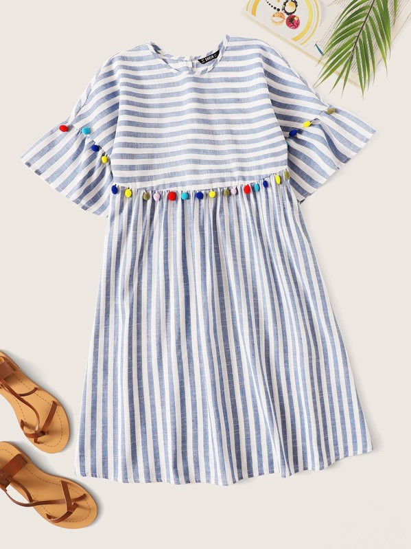 SHEIN Colorful Pompom Detail Striped Smock Dress | SHEIN