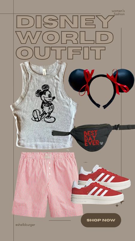 Cool girl Disney World outfit for women

Mickey Mouse tank top
Women’s boxer shorts
Faux leather Mickey Mouse ears with red ribbons bows
Best day ever Disney World Fanny pack
Red sambas adidas sneakers

#LTKStyleTip #LTKShoeCrush #LTKTravel
