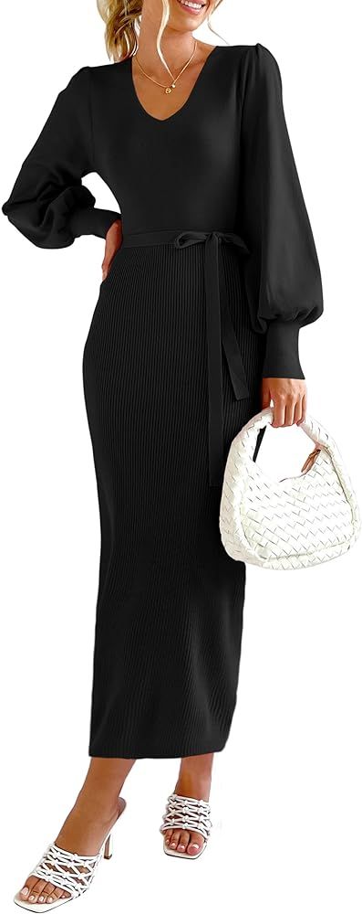 Women's 2023 Fall Knit Pullover Sweater Elegant Long Lantern Sleeve V Neck Maxi Dress      
 Visc... | Amazon (US)